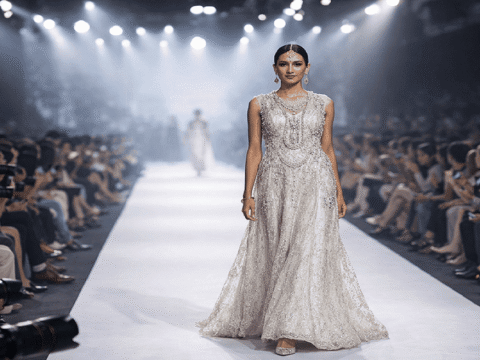 fashion event India runway show model walking stage lights audience photographers 2026