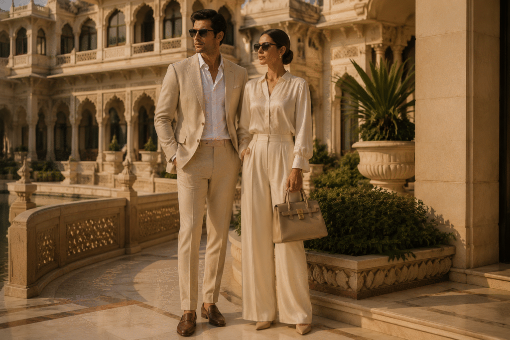Elegant Indian old money fashion couple wearing neutral luxury outfits outside heritage palace