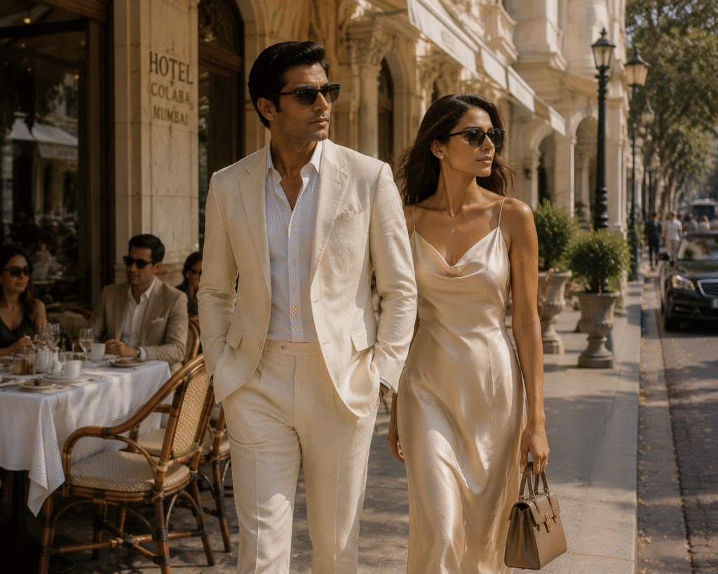 Indian old money fashion couple walking through luxury café street in elegant neutral outfits
