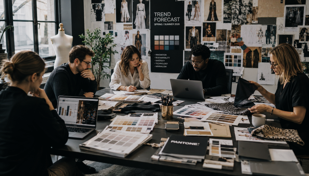 Fashion trend forecasters analyzing fabrics, color palettes, and mood boards