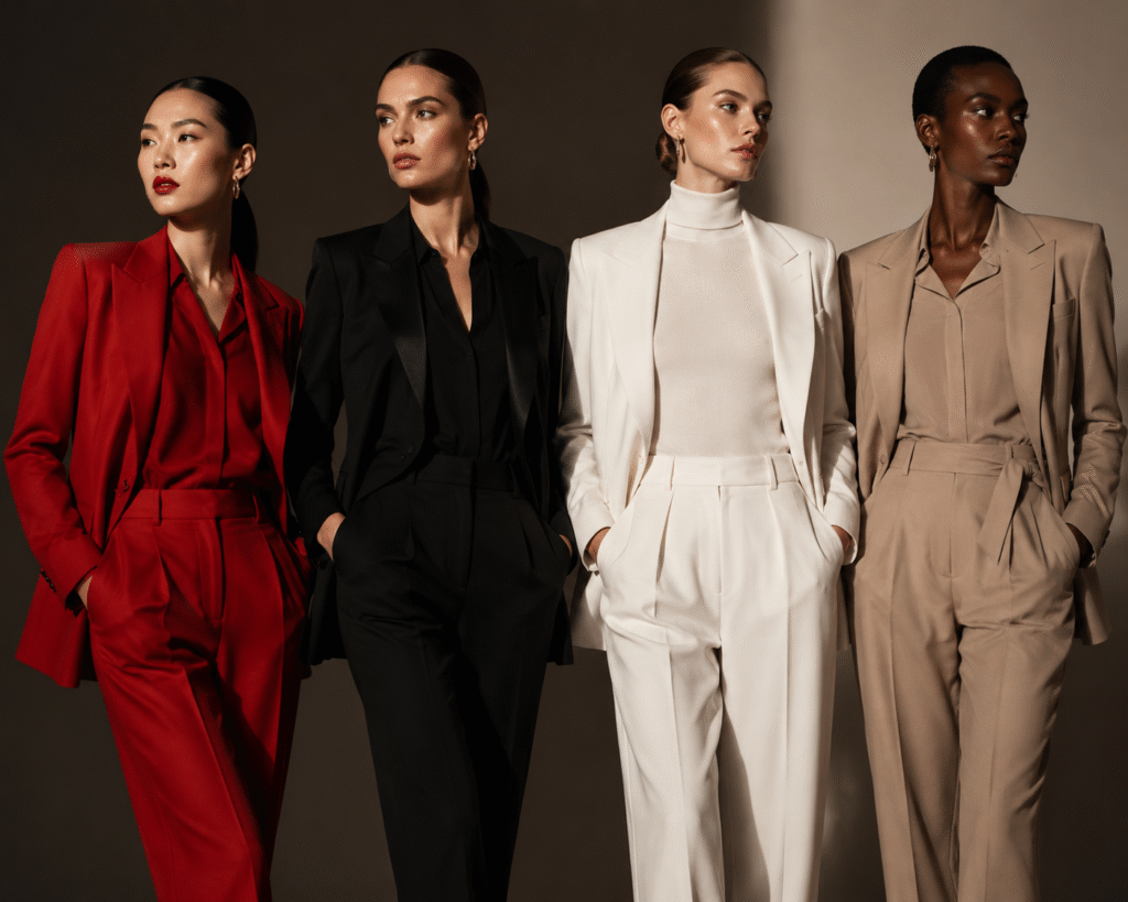 Fashion models wearing monochromatic luxury outfits in red, black, white, and beige representing color psychology in fashion.