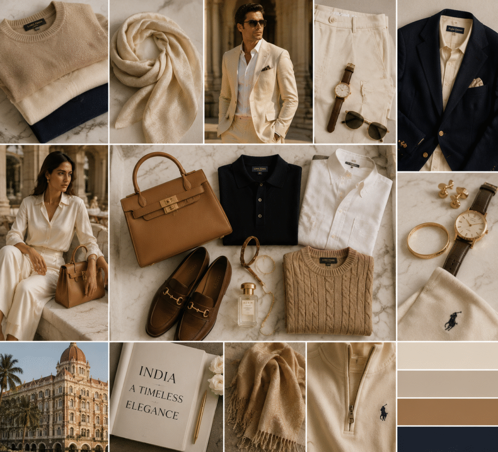 Old money fashion neutral color palette featuring beige cream navy and camel tones