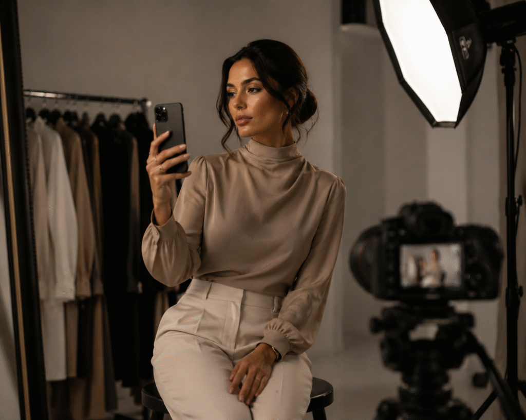Fashion influencer creating luxury social media content during a professional fashion photoshoot in a modern studio.