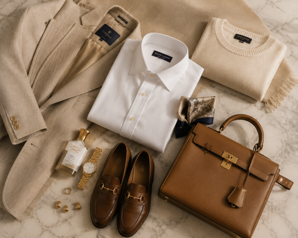 Luxury old money wardrobe essentials including loafers blazer watch and Oxford shirt
