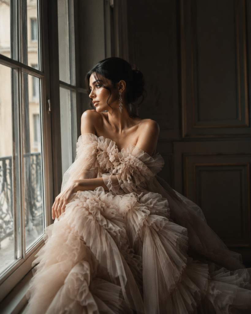 Fashion model in an elegant couture gown sitting near a large window in soft natural lighting.