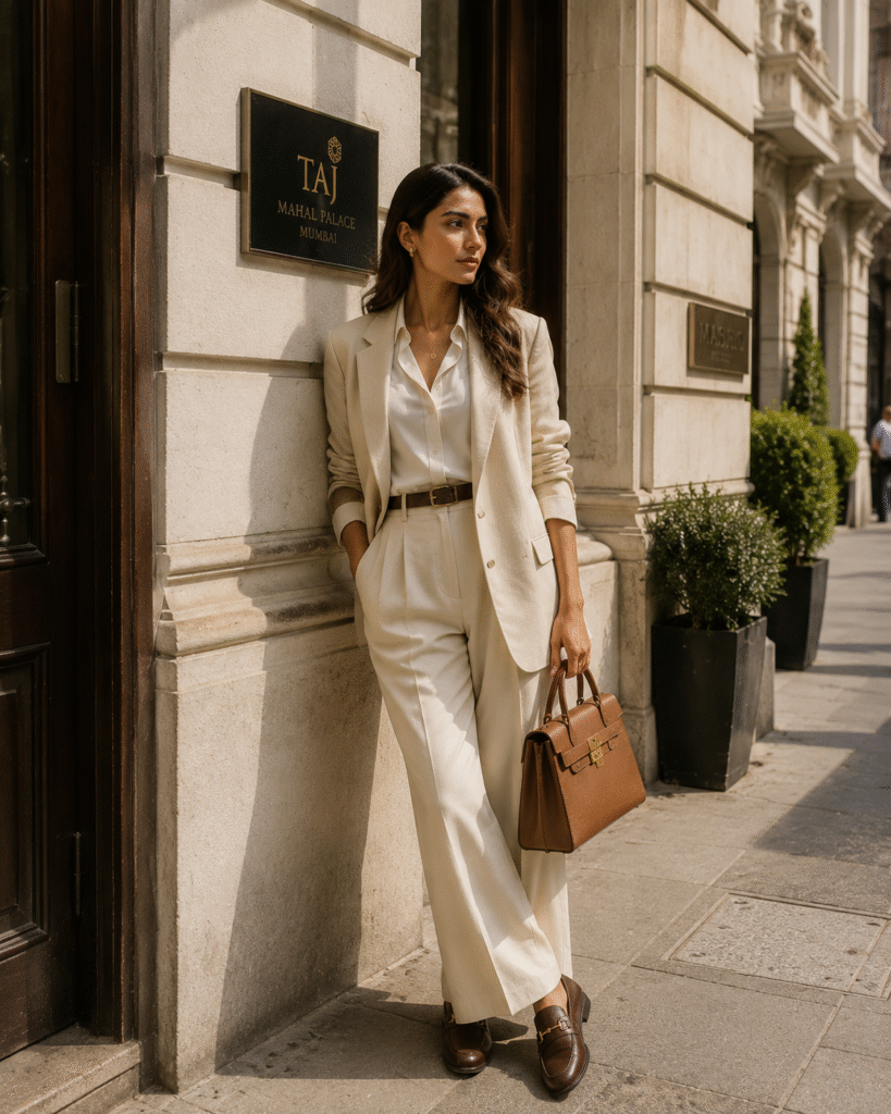 Elegant Indian woman wearing quiet luxury old money fashion outfit in neutral tones