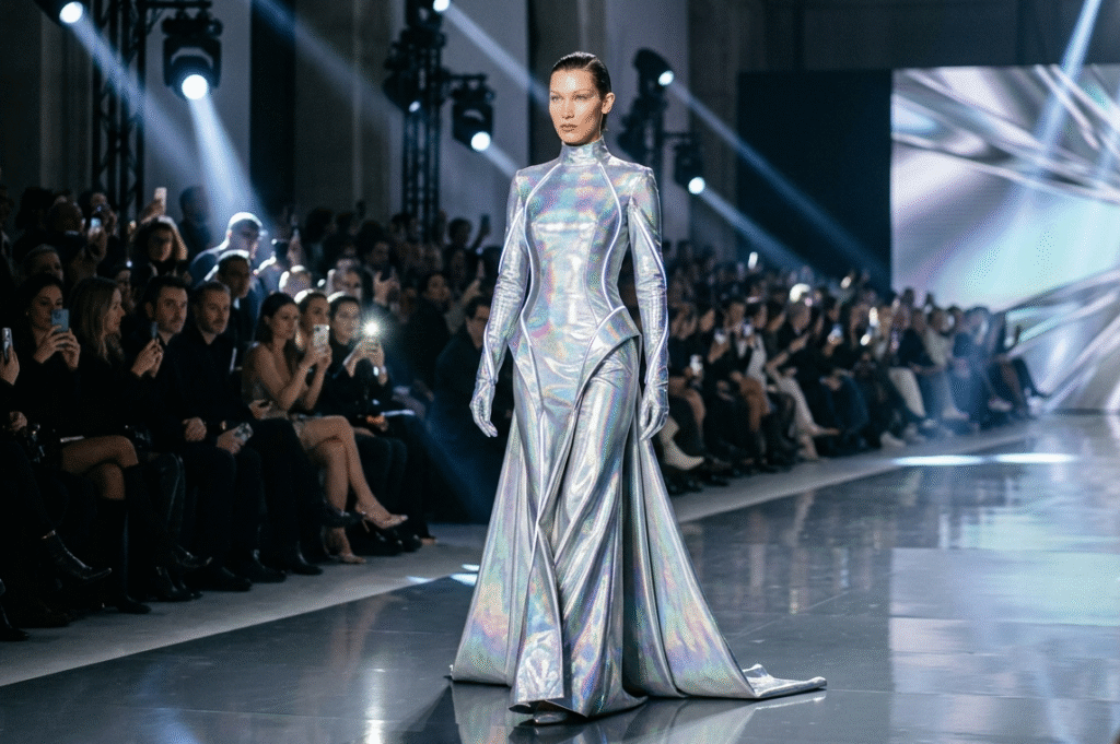Fashion model walking on a futuristic luxury runway wearing a fully covered holographic couture gown.