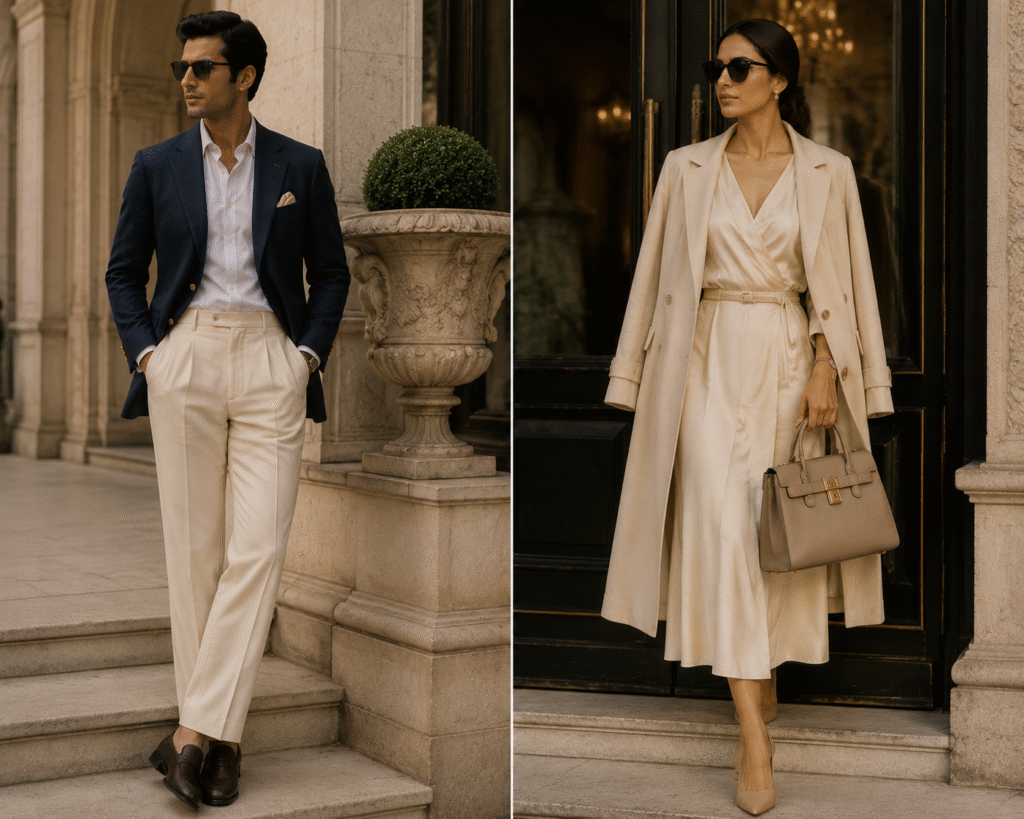 Indian old money fashion editorial featuring elegant man and woman in timeless luxury outfits