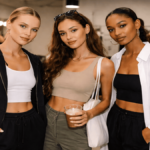 Models backstage at Fashion Week wearing athleisure and minimalist outfits