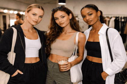 Models backstage at Fashion Week wearing athleisure and minimalist outfits