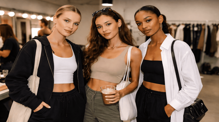 Models backstage at Fashion Week wearing athleisure and minimalist outfits