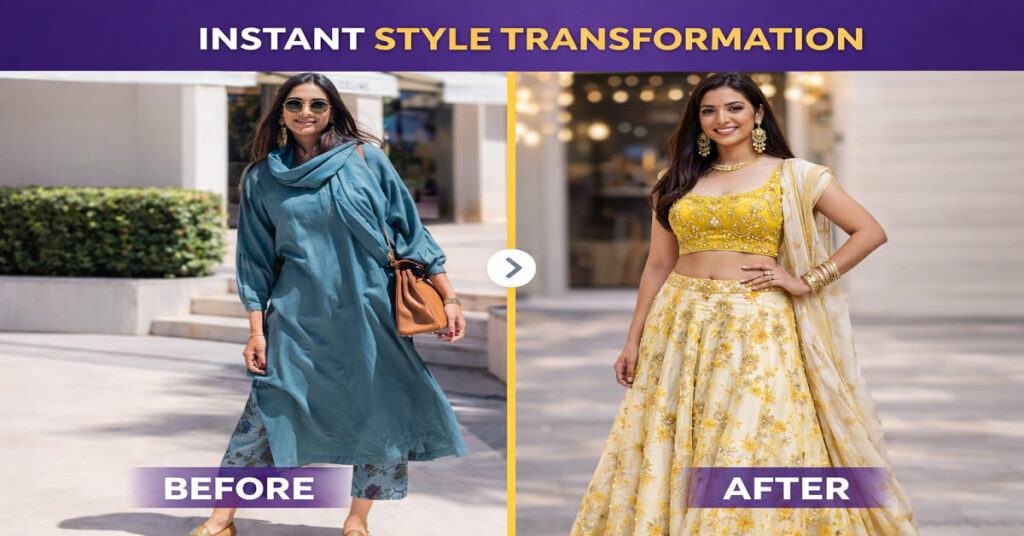 Indian fashion transformation before and after outfit styling casual to traditional lehenga
